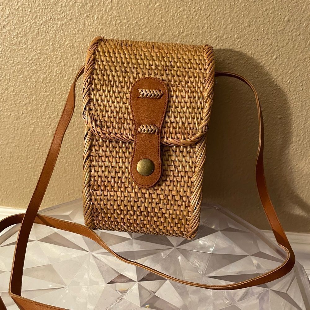 Brown Tan Hand Woven Rattan Tropical Print Vintage Crossbody Bag